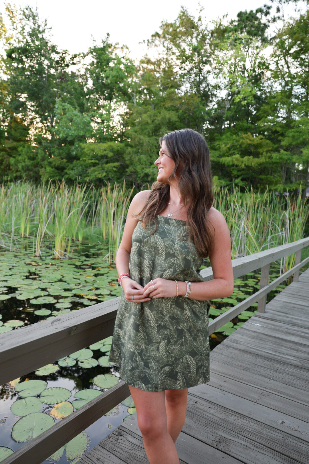 Olive Green Leaf Print Mini Dress