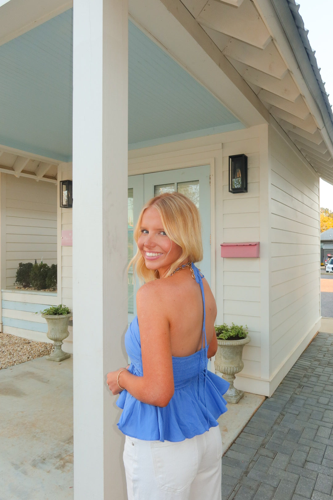 Blue Halter Peplum Top
