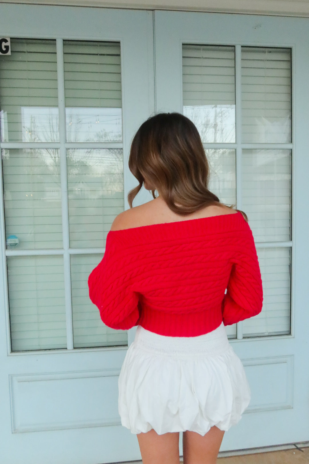 Red Off Shoulder Button Knit Sweater Top