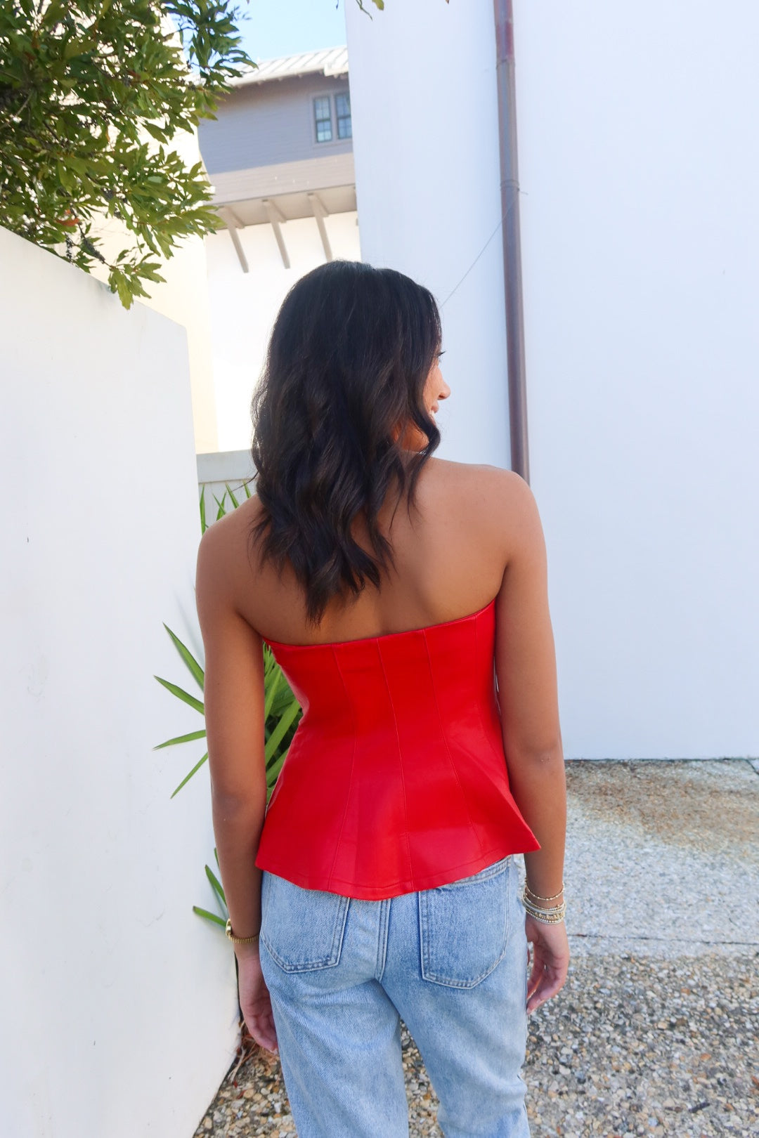 Red Strapless Faux-Leather Top