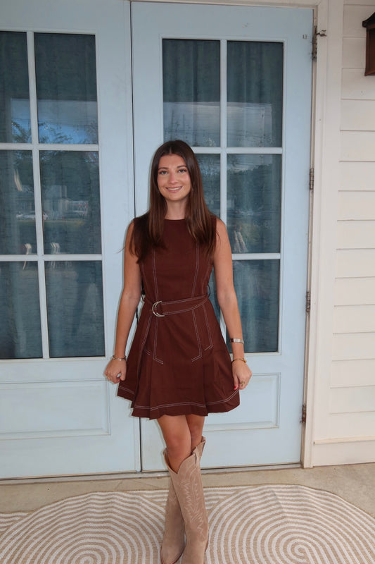 Brown Contrast-Stitch Belted Dress