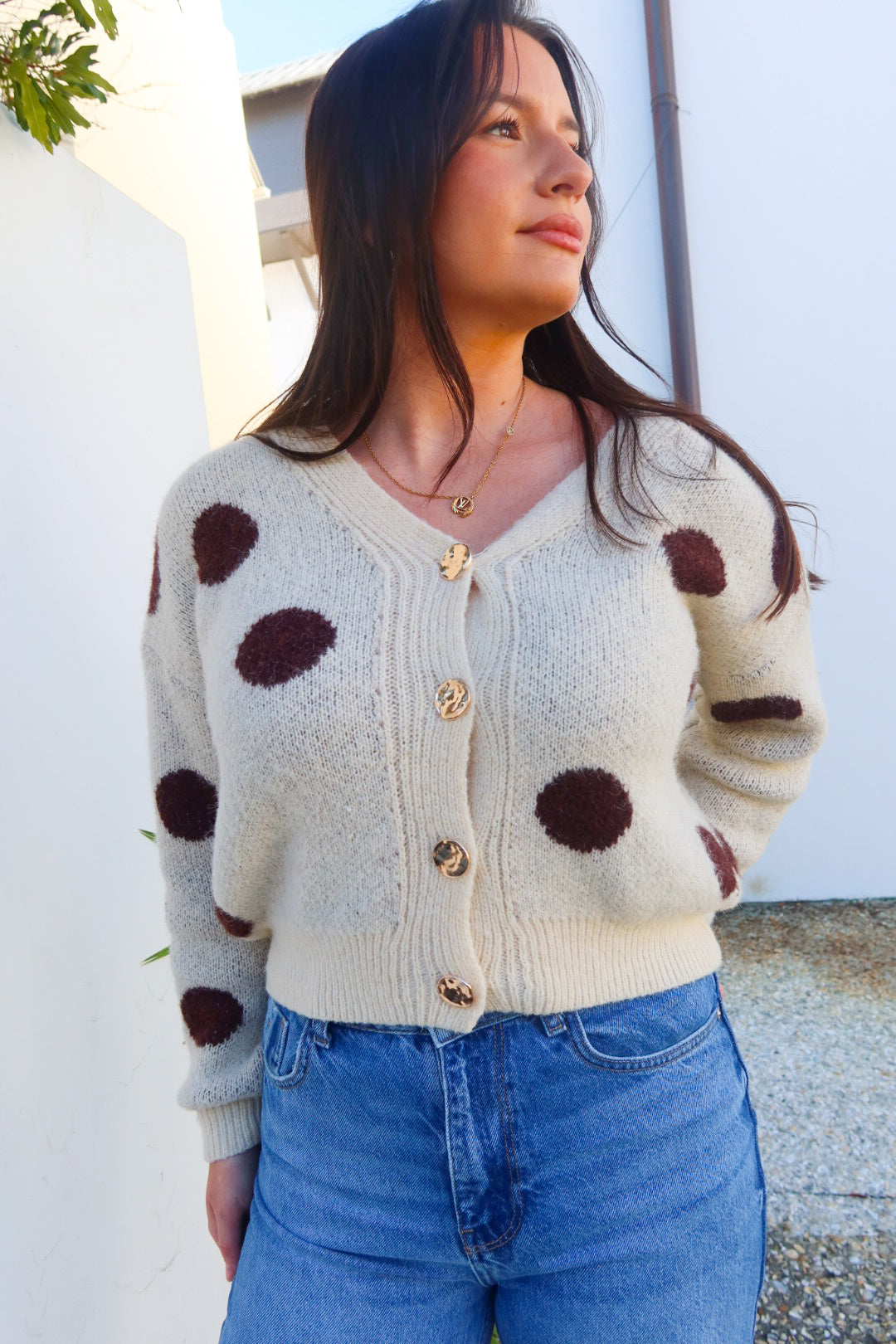 Cream Knit Cardigan with Brown Polka Dot