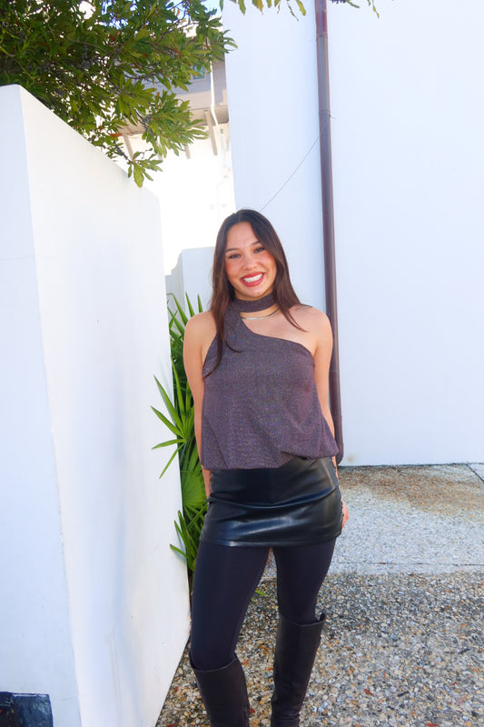 Black faux-leather mini skort