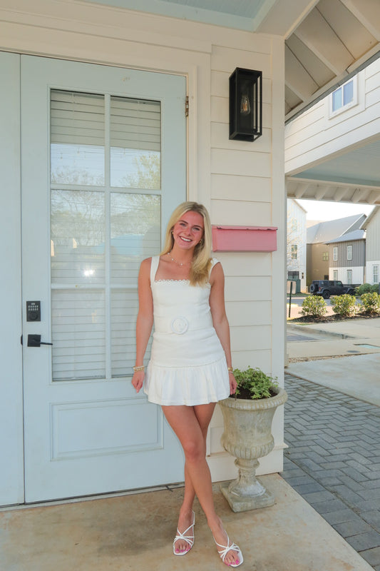 White Summer Mini Dress with Waist Belt