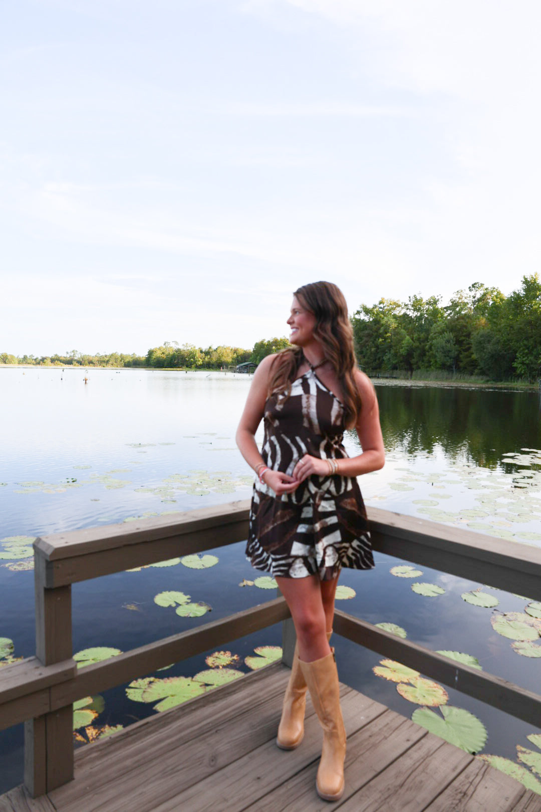 Brown & White Animal Print Halter Mini Dress