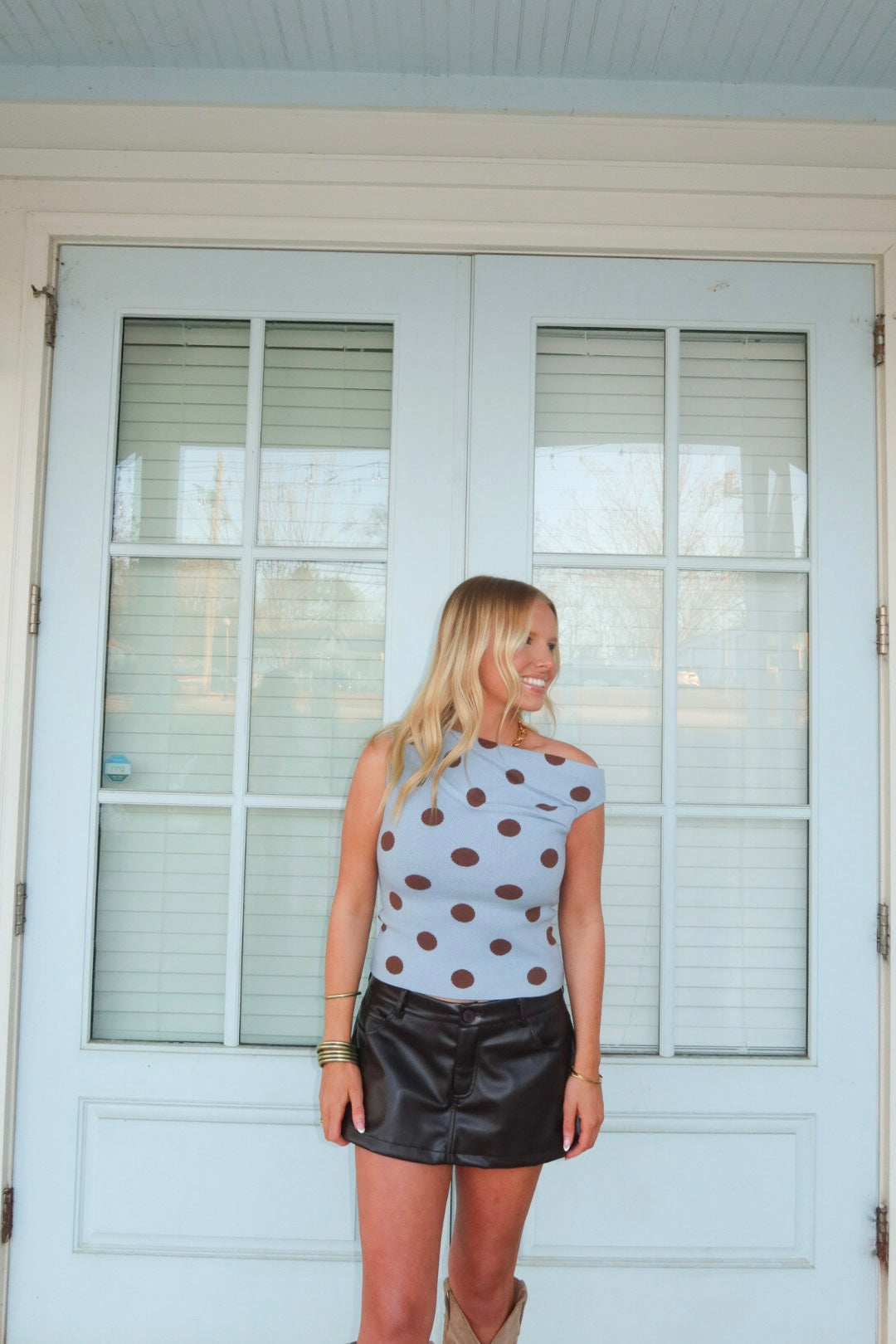 Blue One Shoulder Polka Dot Knit Top