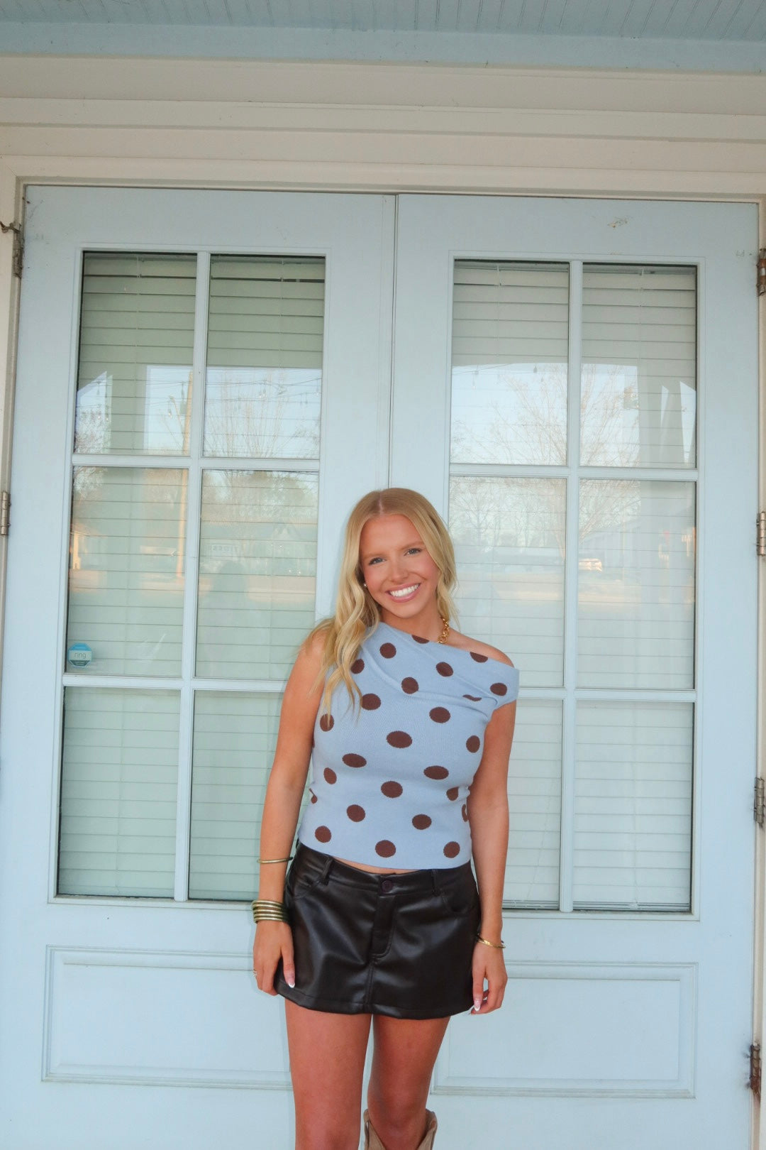 Blue One Shoulder Polka Dot Knit Top