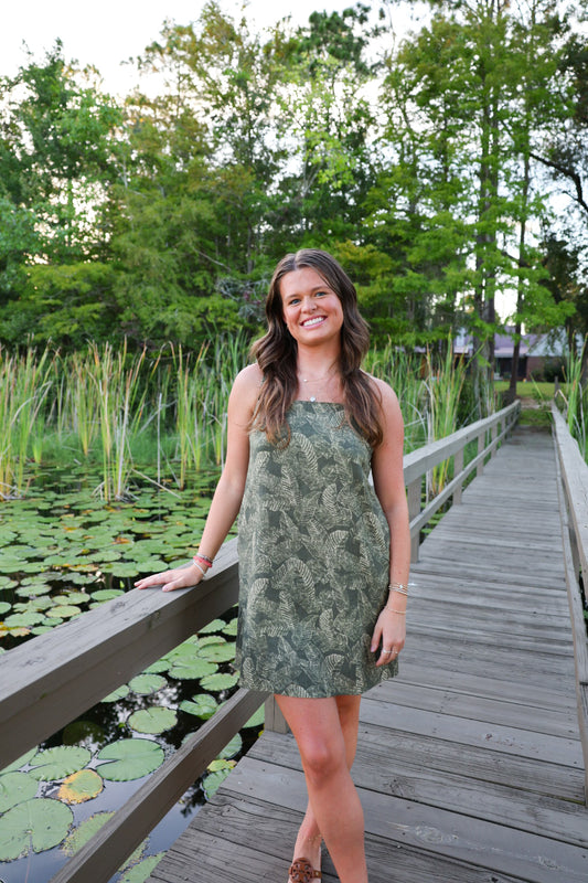 Olive Green Leaf Print Mini Dress