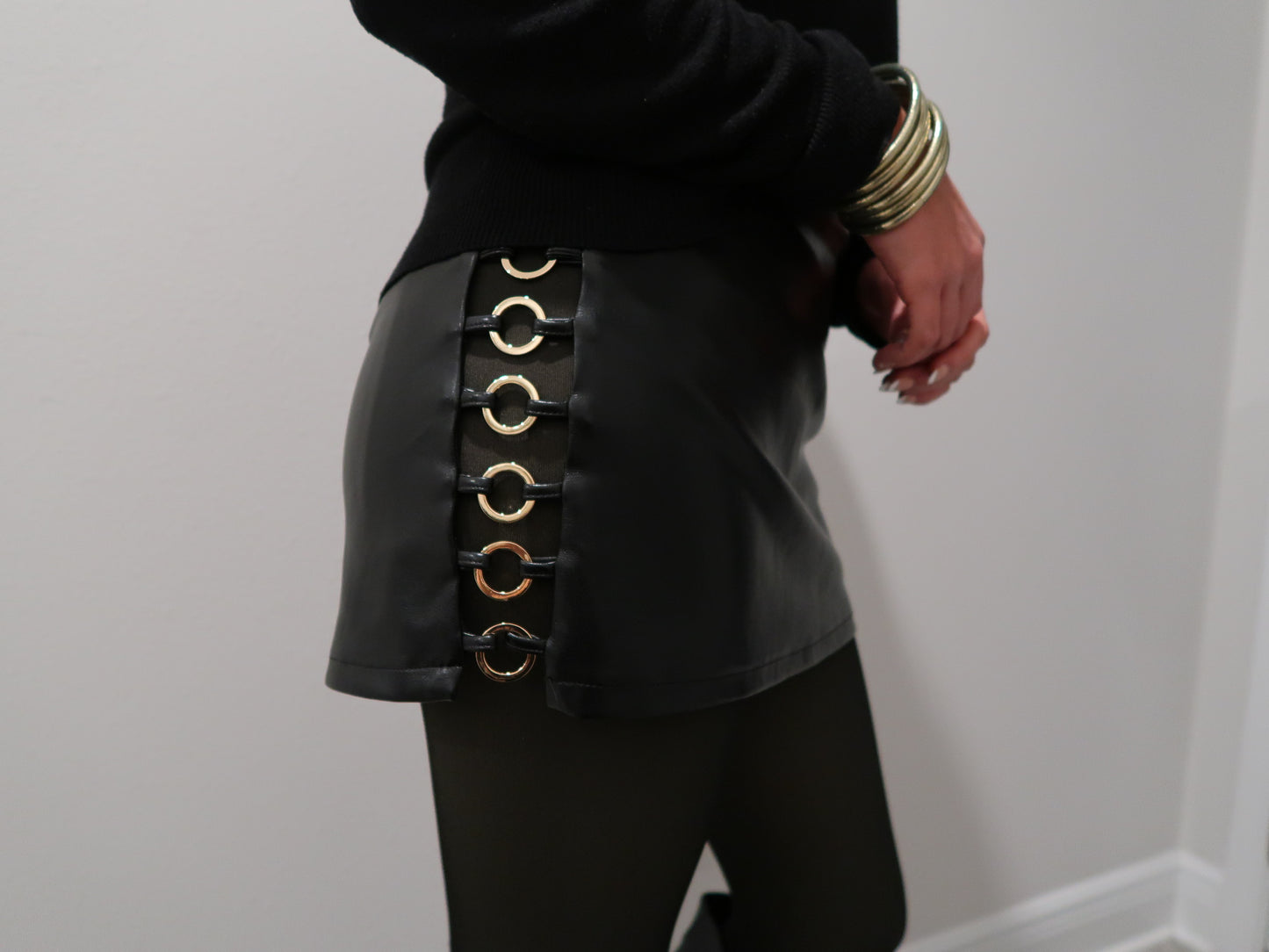 Black faux-leather mini skort