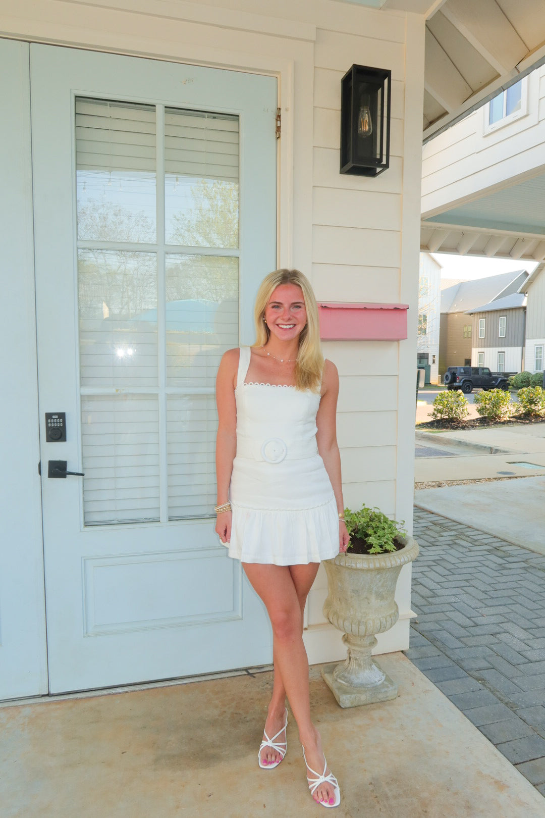 White Summer Mini Dress with Waist Belt