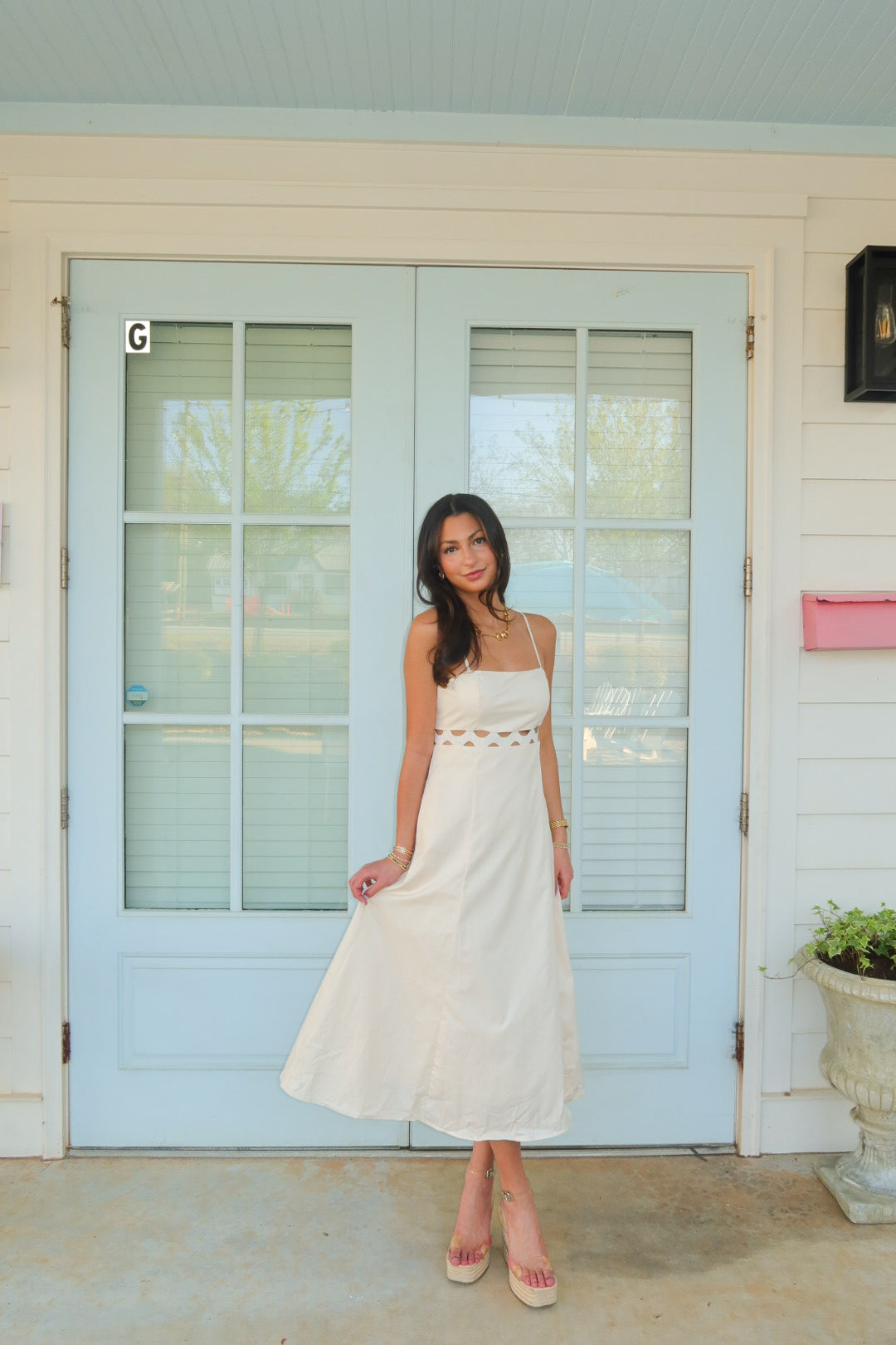 Cream Midi Dress with Waist Cutout – Summer Vacation Dress – Lauren Ashley Boutique