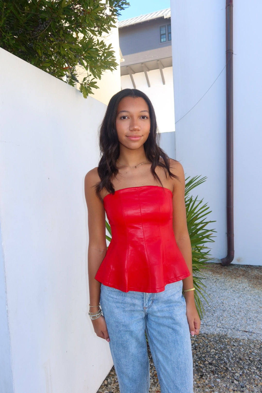 Red Strapless Faux-Leather Top