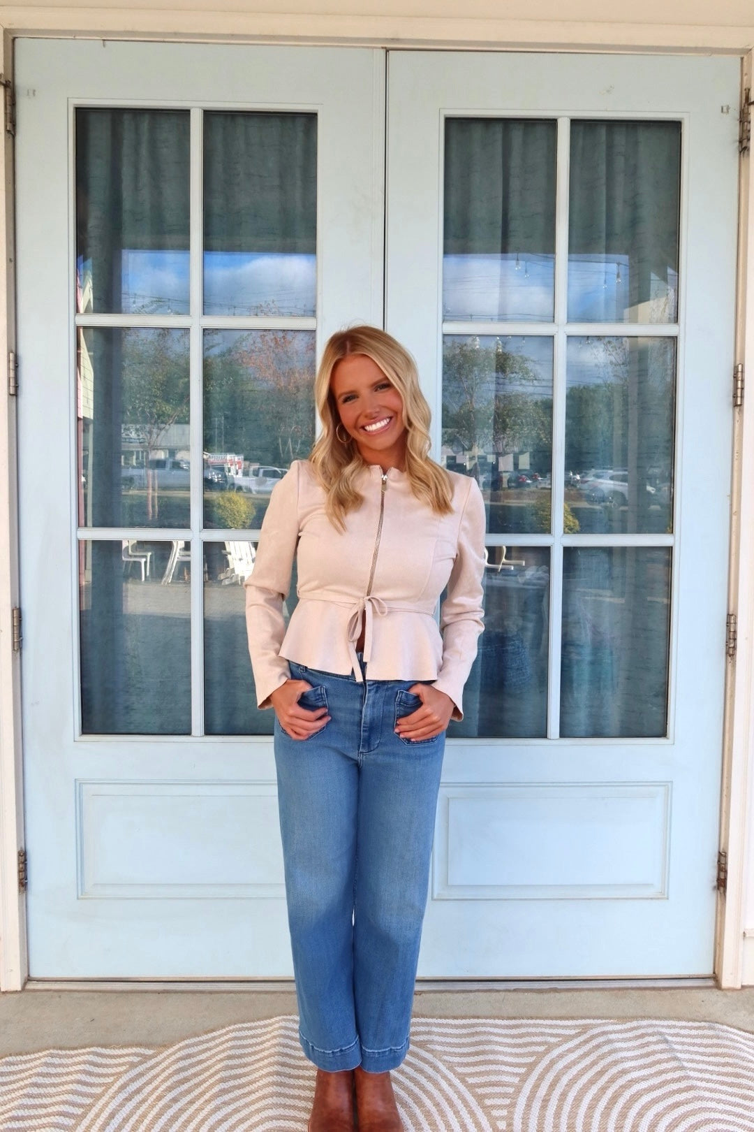 Sand Sueded Cinch-Waist Zip Jacket