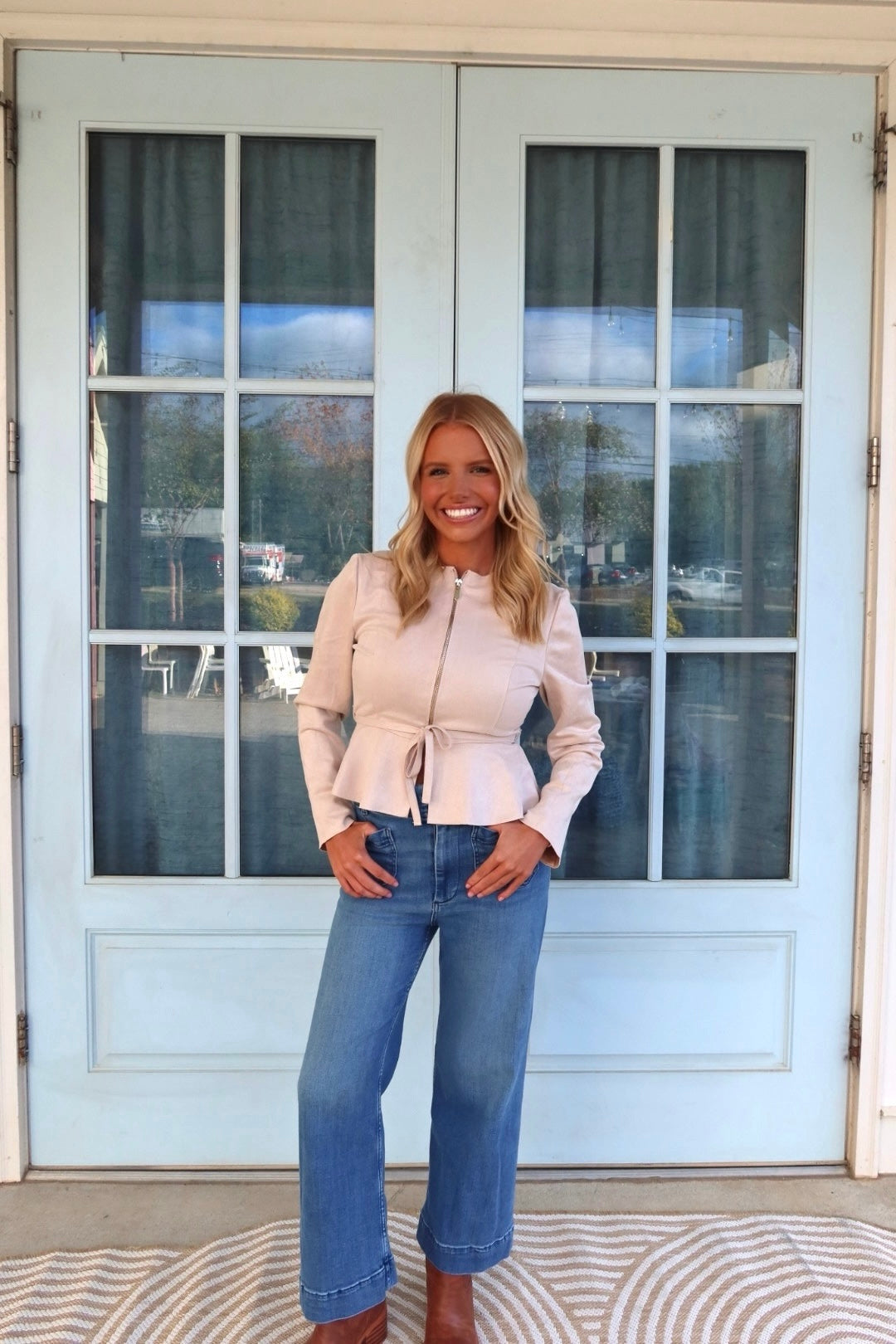 Sand Sueded Cinch-Waist Zip Jacket