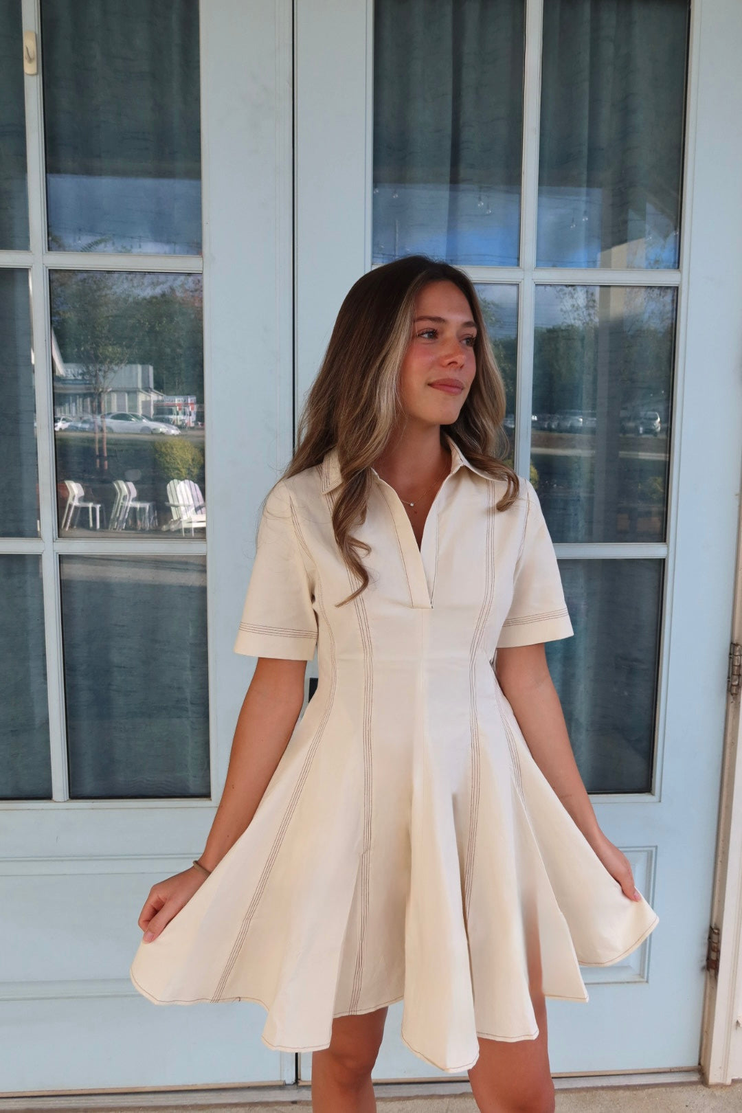 Cream Contrast-Stitch Mini Dress