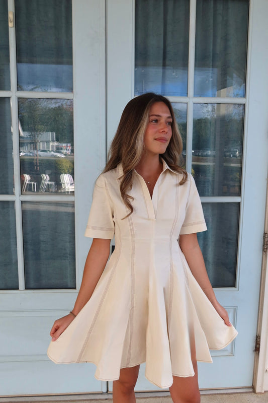 Cream Contrast-Stitch Mini Dress
