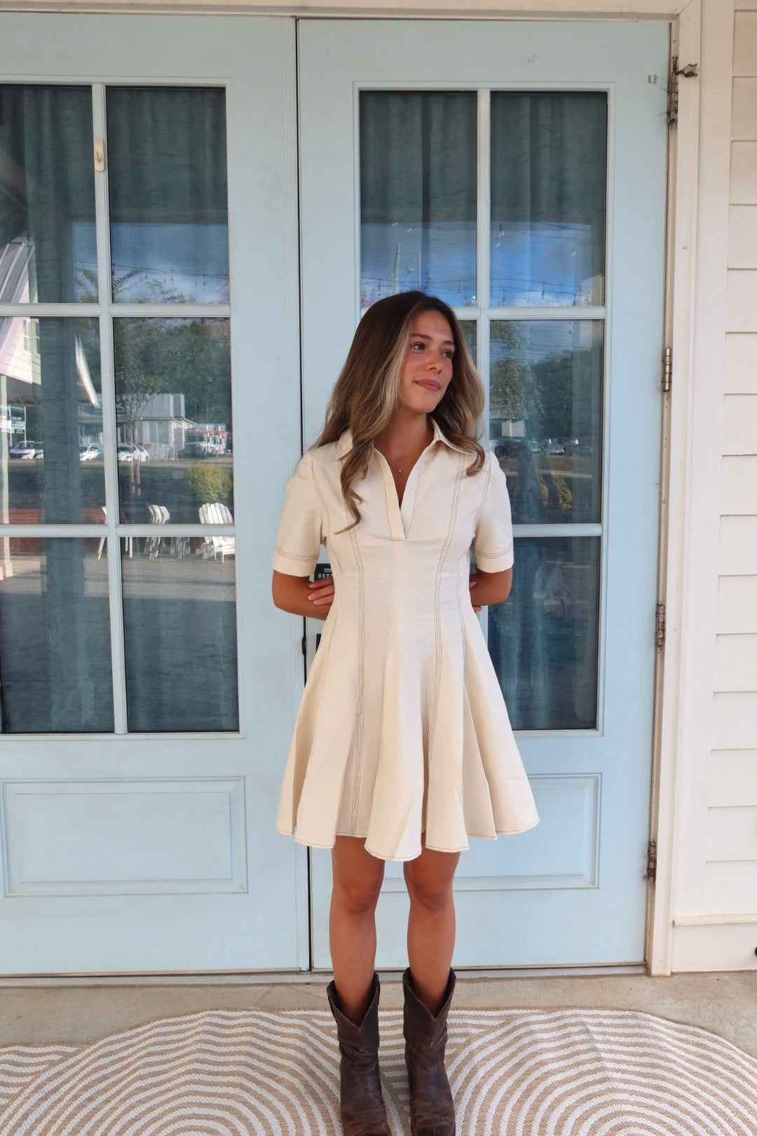 Cream Contrast-Stitch Mini Dress