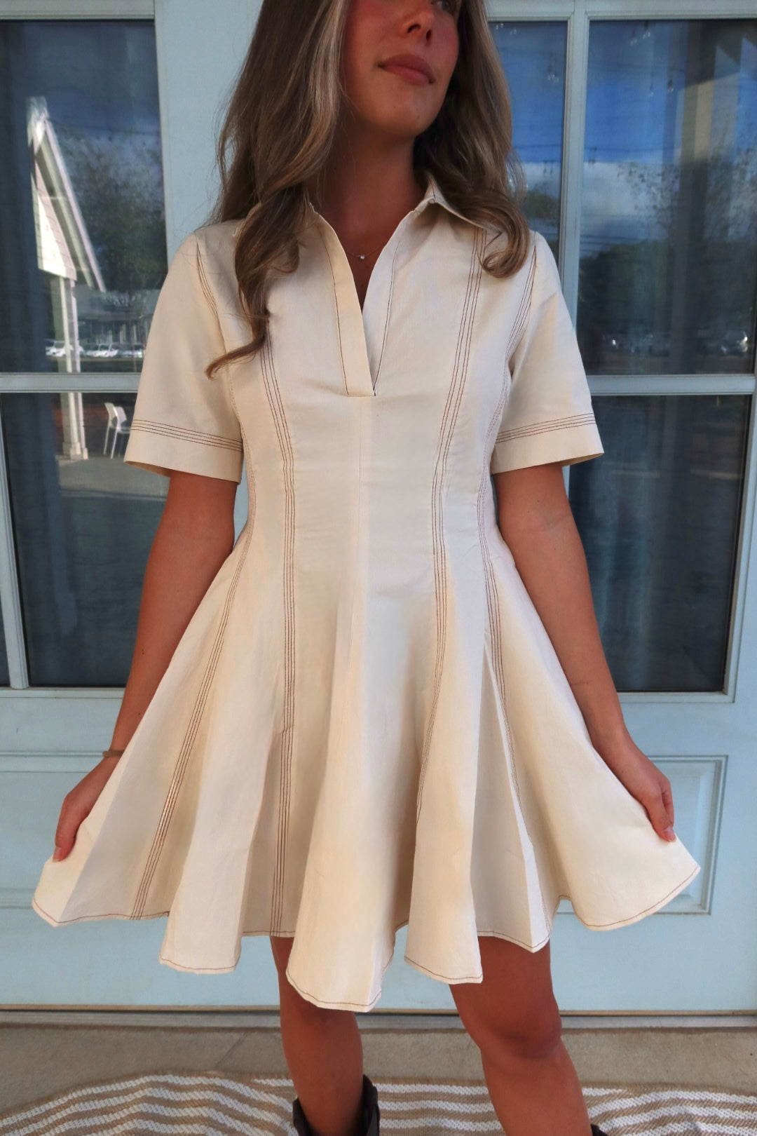 Cream Contrast-Stitch Mini Dress