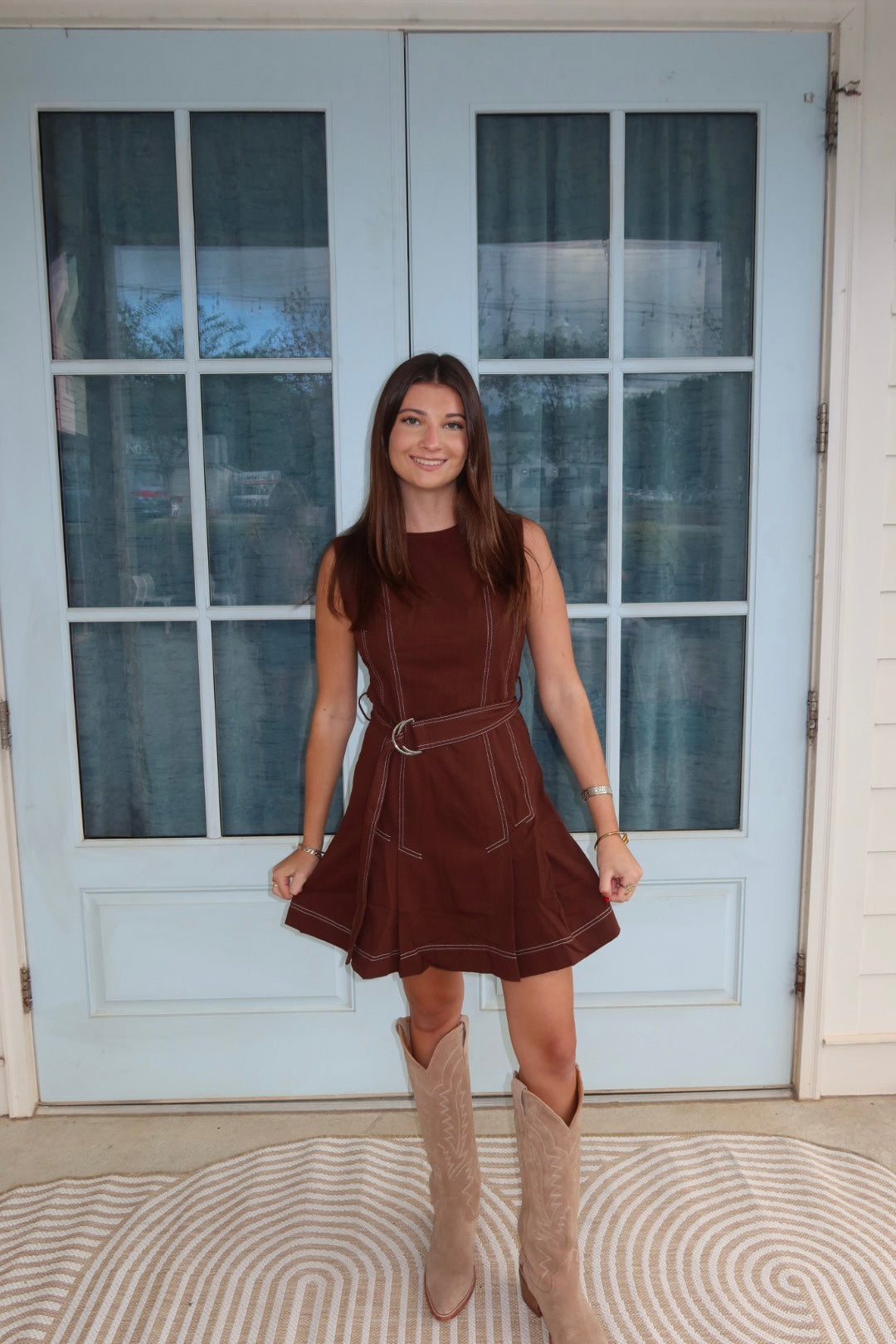 Brown Contrast-Stitch Belted Dress