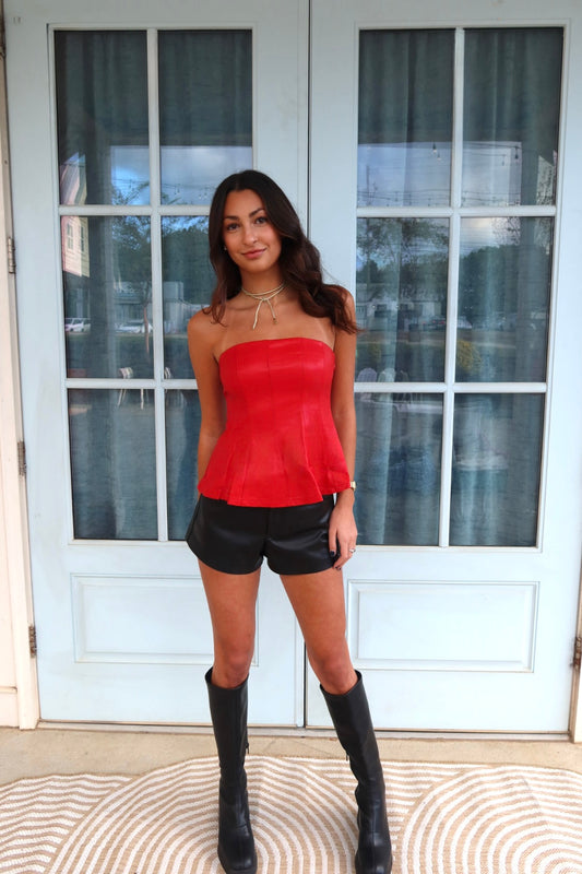 Red Strapless Faux-Leather Top