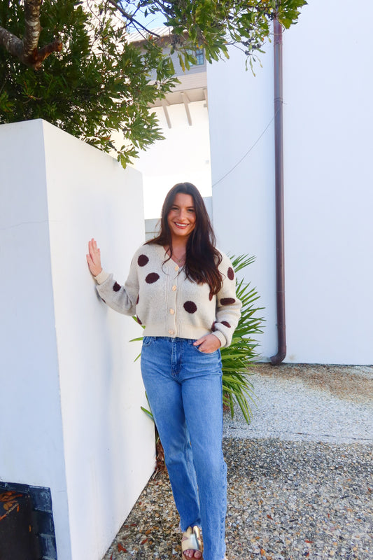 Cream Knit Cardigan with Brown Polka Dot