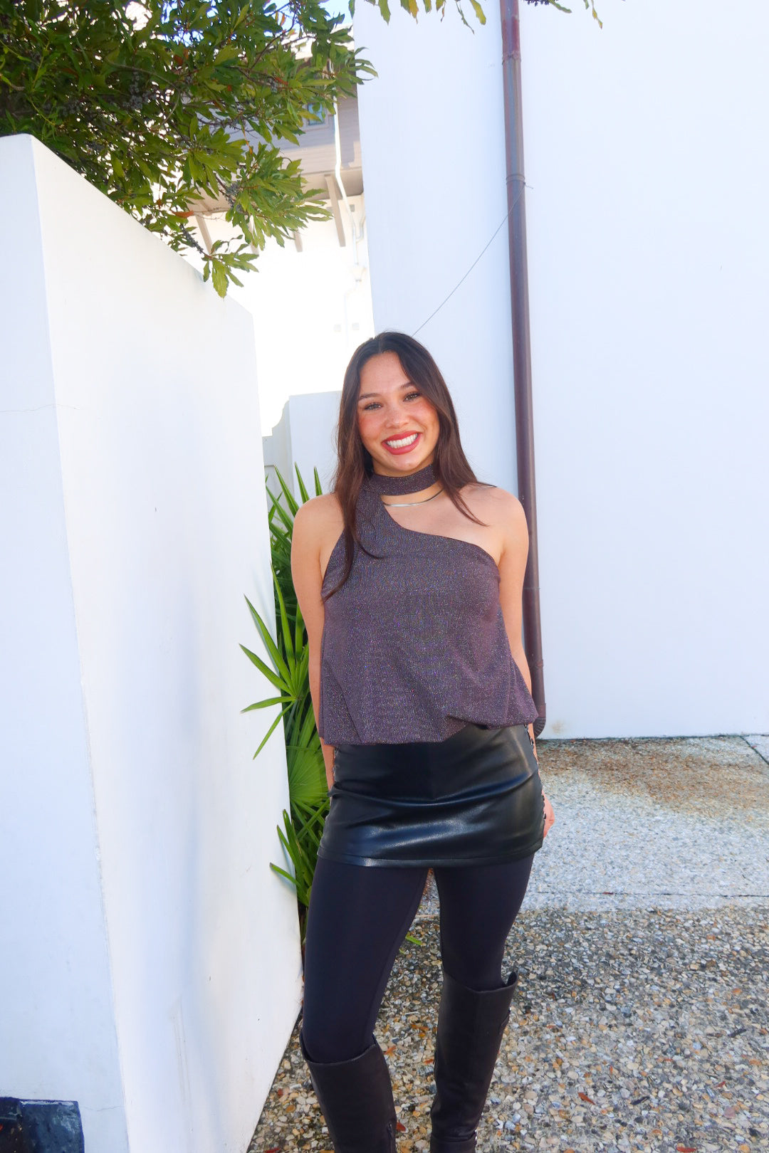 Black faux-leather mini skort