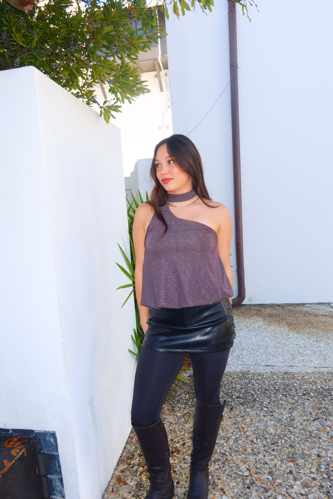 Black faux-leather mini skort